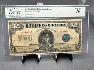 1923 Dominion of Canada $2 Bank Note Blue Seal Graded BCS VF-20 SN#387237 - Picture 1 of 5
