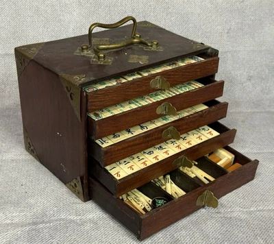 Antique Chinese Mahjong Dovetail Bamboo Tiles in Ornate Wood & Brass Case - Image 1 of 4