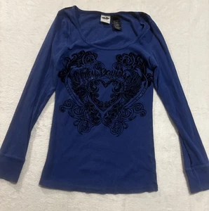 Harley Davidson Damen Gerippt Blau Langarm Samt Logo Schwarz Bling Large - Bild 1 von 12