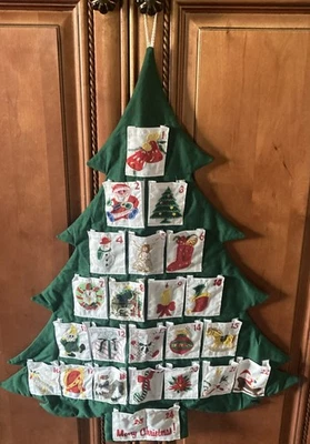 Embroidered Advent Calendar Christmas Tree Wall Hanger 26"L x 22"D - 24 Pockets - Image 1 of 4