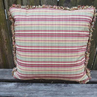 Down Feather Throw Pillow Custom Plaid Upholstery Fringed Home Decor 18" 2 Sided - Image 1 of 4