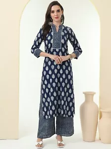Indian Women Blue & White Cotton Floral Printed New Kurta with Palazzo Set - Picture 1 of 8