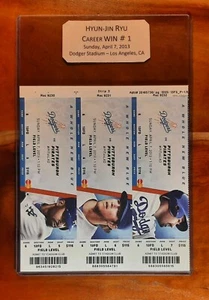 Boletos Hyun-Jin Ryu Carrera GANAR #1 (X3) COMO NUEVOS + HOJA/PANEL de 3 boletos de los Dodgers 2013 - Imagen 1 de 4