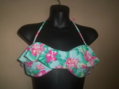 FOREVER 21 蓝色绿色粉红色花卉 BANDEAU HALTER BIKINI 游泳上衣泳装 L 码 — 第 1/4 张图片