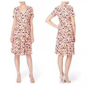 CATHERINE MALANDRINO Taral Faux Wrap Floral Dress size L Stretch Short Sleeve BU - Picture 1 of 9