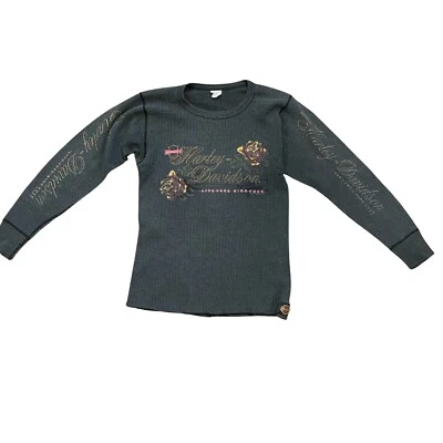 Винтажная женская тепловая рубашка Harley Davidson средний размер 2-сторонние розы выцветший орел - Изображение 1 из 4