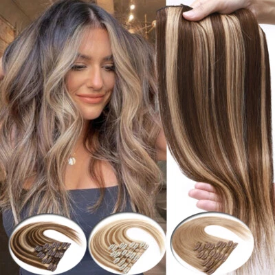 HIGHLIGHT 100% Human Hair Extensions Clip In Real Remy Hair FULL HEAD Caramel 8A - Image 1 of 4