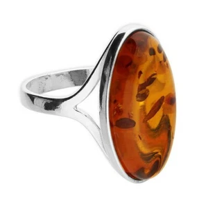Natural Amber Statement Ring Large Oval Stone Sterling Silver 925 Stamp Size L-R - Picture 1 of 3