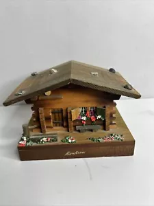 Vintage Moncrew Swiss Music Box Wood Cabin With Flowers Folk Art Hand Made - Picture 1 of 11