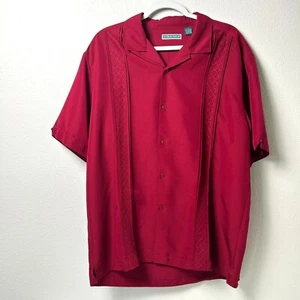 Cubavera Button Up Shirt Mens L Red Embroidered Short Sleeve Bowling - Picture 1 of 11