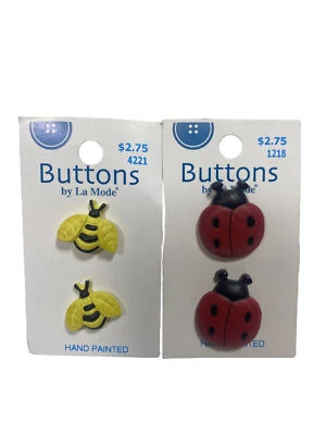 La Mode Hand Painted 3/4" Shank  Bee & Lady Bug Novelty Buttons New On Cards - Image 1 of 4