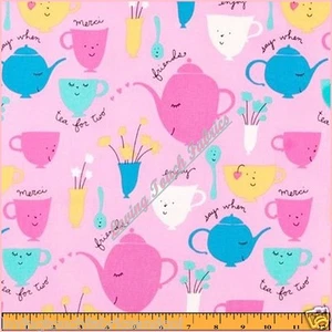 FREE SPIRIT "TEA PARTY" TEACUPS TEAPOTS SAYINGS WORDS FABRIC 1/2 YD 18"X 44" PNK - Picture 1 of 1