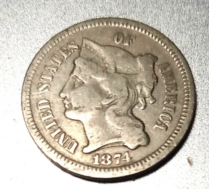 3 Cent Piece 1874 No Cents Nickel from Reconstruction Period - Picture 1 of 2