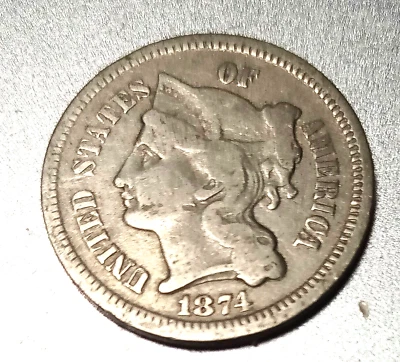 3 Cent Piece 1874 No Cents Nickel from Reconstruction Period - Image 1 of 2