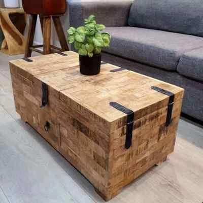Retro Storage Chest Wooden Coffee Side Table Vintage Trunk Treasure Box Antique - Image 1 of 3