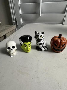 4 Halloween Salt & Pepper Shaker Set Pumpkin Frankenstein Skeleton Cat - Picture 1 of 5