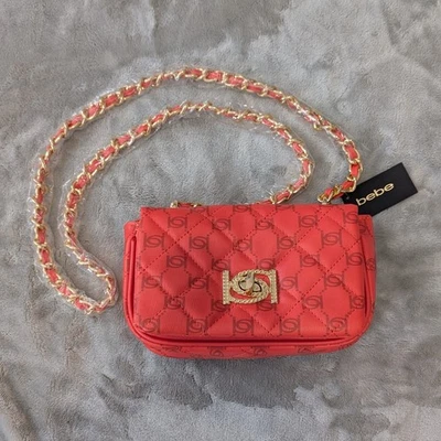 Bebe Orange Crossbody Handbag Purse Gold Hardware Chain Strap Quilted Fall 8x5 - Image 1 of 4