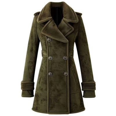 Chaqueta para mujer verde oliva gamuza genuina elegante doble pecho solapa cuello Foto 1 de 2