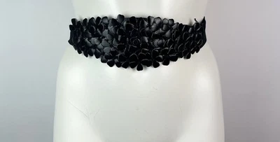 Vintage 1940s Black Hand set floral petal Leather applique womens belt 36" M/L - Image 1 of 4