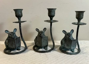Vintage San Pacific San Francisco Bronze Maus Lesen 3er Set Kerzenständer - Bild 1 von 6