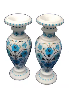 21 Inch Marble Flower Vase with Turquise Stone Inlay Work Pot Set of 2 Pieces - Picture 1 of 3