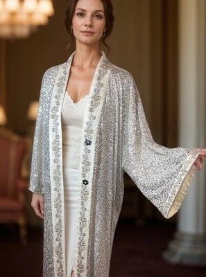 NEW Johnny Was L Silk & Sequins Ivory KIMONO Long Duster Wrap PTP-30” OVERSIZED - Image 1 of 4