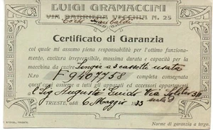 crt 64 1935 TRIESTE - Macchine da cucire GRAMACCINI - Certificato di garanzia - Bild 1 von 1