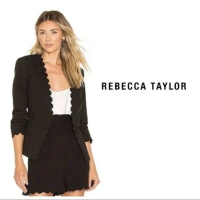 Rebecca Taylor Scalloped Blazer 6 Jacket Suit Black Long Sleeve Top Peplum Small - Image 1 of 4