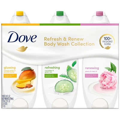 DOVE REFRESH & RENEW BODY WASH COLLECTION #1 RECOMMENDED (24 oz, 3 pk)ROSE/MANGO - Image 1 of 4