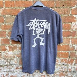 90’s Stussy Stickman T Shirt Men’s Large Grey Double Sided Print Vintage Rare! - Picture 1 of 11