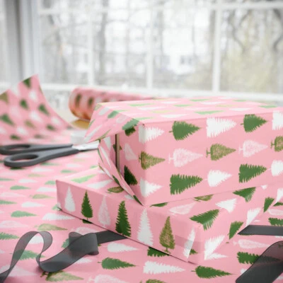Pink Christmas Wrapping Paper Roll with Trees, Pretty Pink Xmas Wrapping Paper - Image 1 of 2