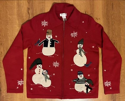 Suéter de Navidad Jones New York Muñecos de Nieve Lana Cremallera Cuentas Rojo Para Mujer’s S Foto 1 de 4
