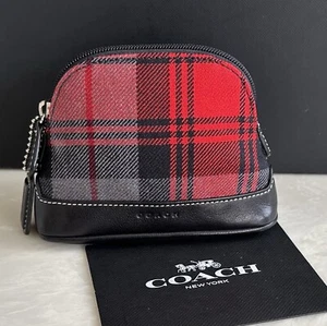 COACH VINTAGE MINI COIN PURSE  RED/BLACK PLAID WOOL & LEATHER DOME ZIP POUCH - Picture 1 of 17