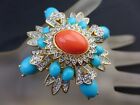 Kenneth Jay Lane KJL Couture Turquoise & Coral Jeweled Maltese Cross Mughal Pin