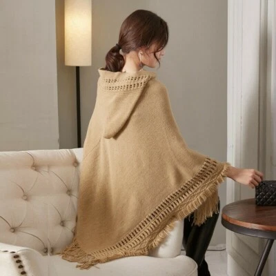Women Hooded Poncho Tassel Fringe Knitted Shawl Cape Wrap Batwing Sleeve - Image 1 of 4