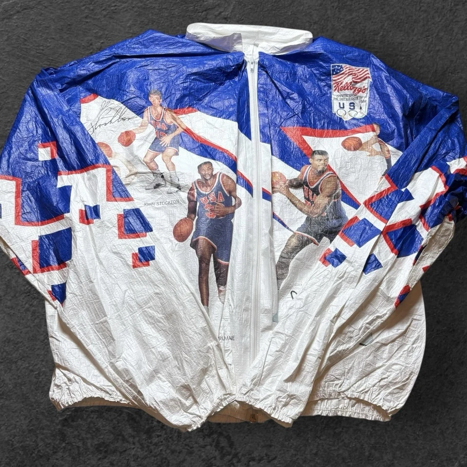 Chaqueta cortavientos vintage Kellogg's Olympics para hombre grande EE. UU. Dream Team Tyvek Foto 1 de 4