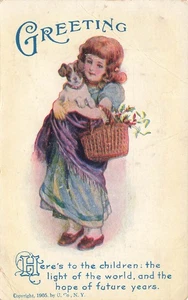CHILD WIH PUPPY DOG HERE'S TO THE CHILDREN THE LIGHT OF WORLD POSTCARD 092825 U - Picture 1 of 2