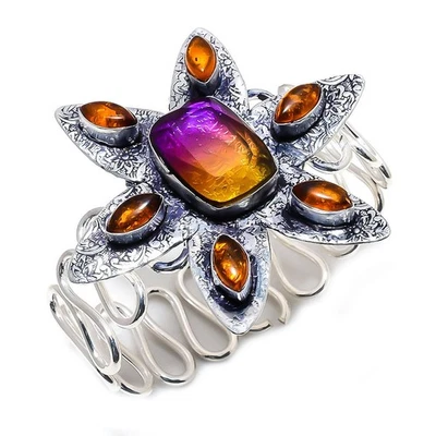 Bracciale in argento sterling 925 con tormalina bicolore, pietra preziosa amb... - Immagine 1 di 4