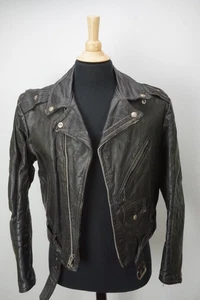 VINTAGE Police Jacket Black Leather Bomber Star Epaulet Sz 42 - Picture 1 of 11