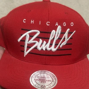 NEW Chicago Bulls Snapback Hat Cap Red Mitchell & Ness Script - Picture 1 of 10