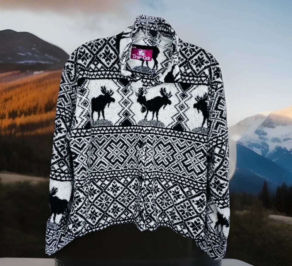 Vintage True Grit Sweater Woman’s Med Frontier Fairisle Alpine Moose USA MADE - Image 1 of 4