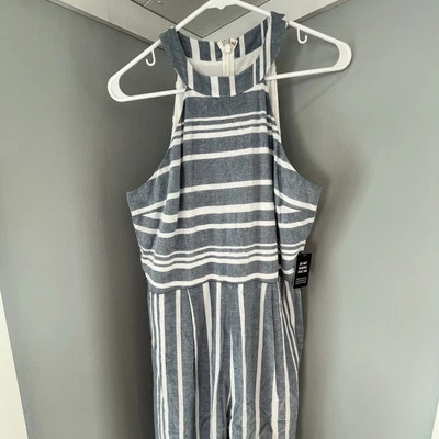 Новый с Ярлыками Express белый и синий в полоску широкие ноги шеи комбинезон размер средний - Изображение 1 из 4