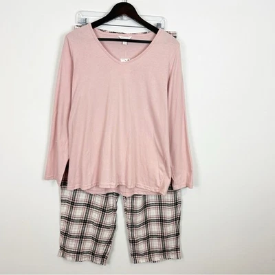 Charter Club Knit Top and 100% Cotton  Flannel Bottom Pajama Set Pink Plaid 1X - Image 1 of 4