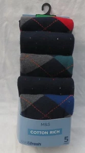 MEN'S MARKS AND SPENCER MULTI COTTON RICH PATTERNED SOCKS 5 PART SET SIZE 9-12 - Picture 1 of 4