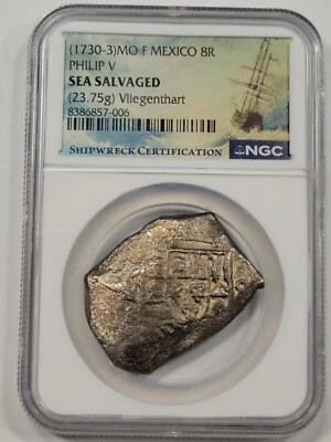 1730-33 Cob 8 Reales VLIEGENTHART SHIPWRECK NGC Certified Silver Coin *J728 - Image 1 of 3