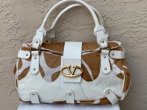 VALENTINO GORGEOUS WHITE LEATHER & TAN PONY HAIR LARGE SATCHEL BAG - Picture 1 of 12