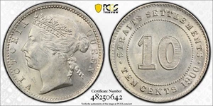 1900 STRAITS SETTLEMENT QUEEN VICTORIA SILVER 10 CENTS KM11 PCGS MS62 - Picture 1 of 4