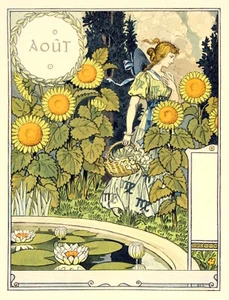 Postal: Nueva impresión repro - hierba - agosto - mujer, nenúfares, girasol - Imagen 1 de 3