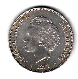 ESPAÑA 5 pesetas plata 1892 PG.M *18* *92* Alfonso XIII precioso duro del Rizos - Picture 1 of 2