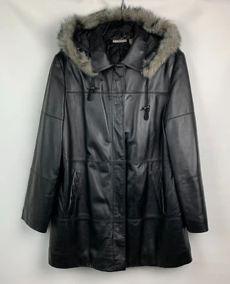 Abrigo Kim Rogers Cuero Negro Extraíble Capucha Cremallera Broches a presión Bolsillos Edredón Forrado Talla L Foto 1 de 4